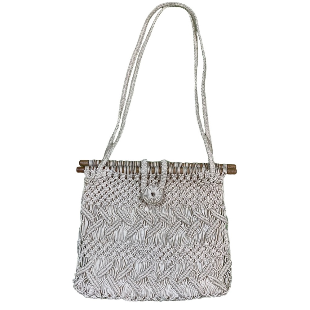 Vintage 1970s Ivory Macrame Crochet Shoulder Purse Bag Boho Hippie Wood Handles